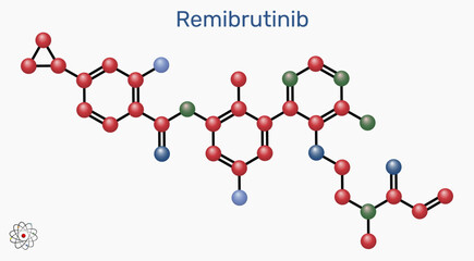 Remibrutinib molecule. Bruton's tyrosine kinase (BTK) inhibitor used to treat chronic spontaneous urticaria, vector illustration
