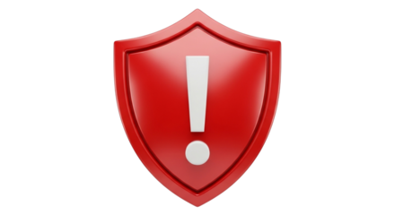 Warning symbol on red shield represents alert, security, and protection, perfect for technology, cybersecurity, and risk management concepts isolated on PNG backgrounds