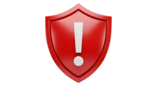 Warning symbol on red shield represents alert, security, and protection, perfect for technology, cybersecurity, and risk management concepts isolated on PNG backgrounds