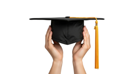 Hands carefully holding graduation cap with yellow tassel, symbolizing academic achievement and educational success, perfect for celebrations isolated on PNG backgrounds