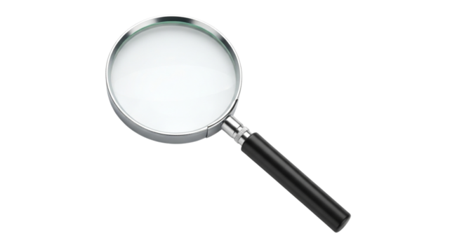 Professional magnifying glass tool for detailed analysis, research, and investigation, perfect for examining small objects and complex data with precision isolated on PNG backgrounds