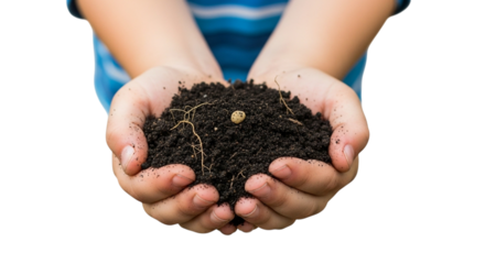 Gentle hands cradling rich, dark earth, symbolizing growth, sustainability, and new beginnings, perfect for environmental projects and eco-conscious campaigns isolated on PNG backgrounds