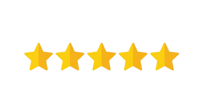 Five golden stars rating system, perfect for reviews, feedback, and achieving top-tier customer satisfaction, representing excellence and success isolated on PNG backgrounds