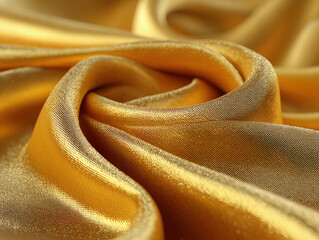 Close-up of a swirling gold satin fabric, reflective and glossy under soft indoor lighting - AI-Generated