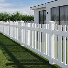 White Picket Fence Enclosing a Modern House on Green Lawn.