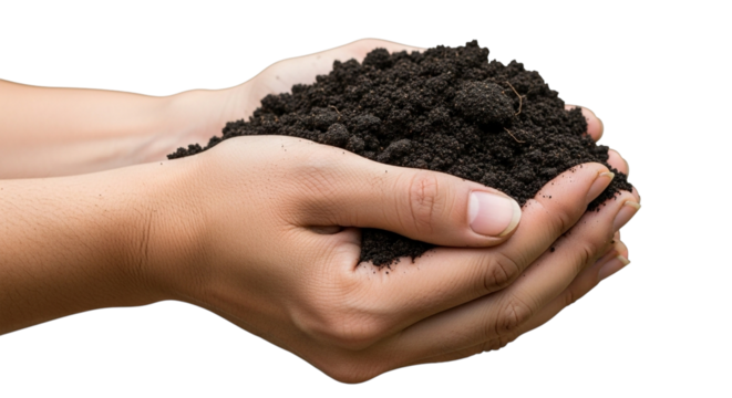 Hands cradling rich, dark soil symbolizing growth, nature, and environmental responsibility, perfect for agriculture, gardening, and eco-friendly branding isolated on PNG backgrounds