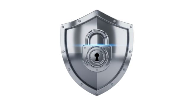 Secure digital data with a modern, polished shield and padlock illustration, symbolizing protection and cybersecurity for business and technology. isolated on PNG backgrounds