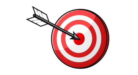 Arrow hitting bullseye symbolizing success, achievement, and reaching goals in business or personal development, striking the target with precision isolated on PNG backgrounds