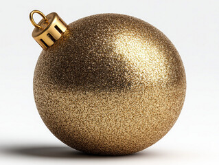 A glittery gold spherical Christmas ornament against a light gray background, centered with a loop at the top for hanging - AI-Generated