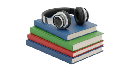 Headphones resting on colorful books, perfect for audiobooks, podcasts, and music enjoyment, ideal for education, learning, and entertainment isolated on PNG backgrounds