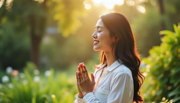 Woman praying outdoors in morning light with peaceful garden scenery female meditating and expressing gratitude person standing in nature with hands together calm spiritual moment daylight with g