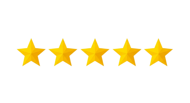 Achieve excellence with five golden stars, perfect for reviews, ratings, and customer satisfaction, conveying top quality and premium service in a visually appealing design isolated on PNG backgrounds