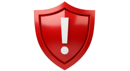 Red shield with white exclamation mark signals urgent warning, security alert, or important information, perfect for cybersecurity and data protection themes isolated on PNG backgrounds