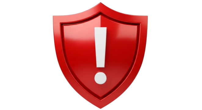 Red shield with white exclamation mark signals urgent warning, security alert, or important information, perfect for cybersecurity and data protection themes isolated on PNG backgrounds