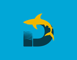 A vibrant logo featuring a jumping yellow shark and water elements, representing energy and movement perfect for aquatic themed businesses and marine conservation efforts.