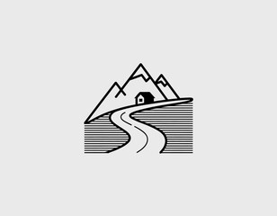 This simplistic black-and-white logo sketch presents a picturesque mountain scene with a winding road, conveying adventure, tranquility, and nature's beauty for outdoor branding.