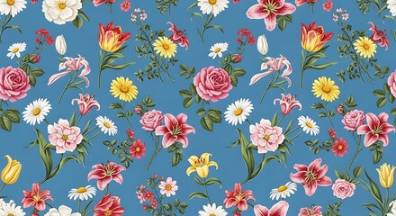 Fototapeta premium Floral Pattern with Roses, Lilies, and Daisies on Blue Background.