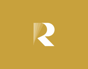 This image showcases a minimalist logo design featuring the letter R, emphasizing simplicity and sophistication in a striking gold and white color scheme.