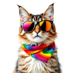 cat with sunglasses and rainbow scarf 