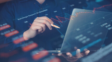 Man analyzing red financial charts on a tablet, indicating market downturn or correction, with data overlay and digital graphics.