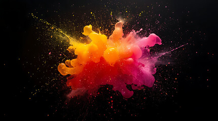 Explosion of bright, saturated yellow, orange, and magenta amorphous blobs, radiating outward with sparkling light particles.
