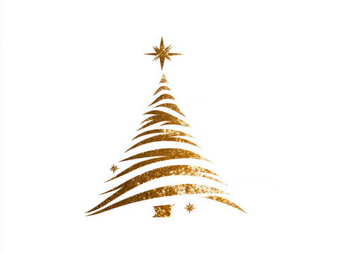 A minimalistic, abstract Christmas tree depicted with gold foil textured lines, possibly decorated with small elements resembling lights or ornaments The tree is topped with a shining - AI-Generated