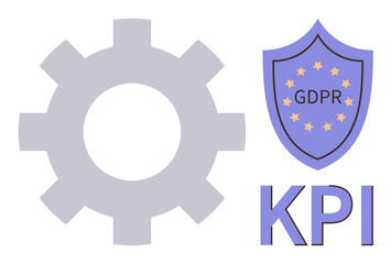 Large gear icon, GDPR shield with stars, and KPI text emphasize data privacy and key performance benchmarks. Ideal for GDPR compliance, analytics, business processes, data security, regulations