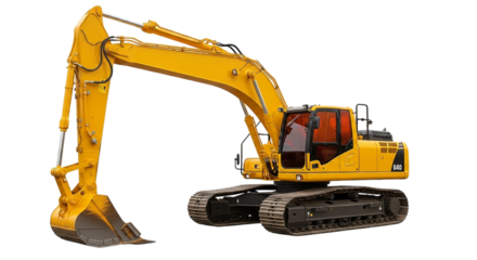 Powerful yellow excavator ready for construction projects, showcasing strength and efficiency for infrastructure development, perfect for construction, engineering and building design projects