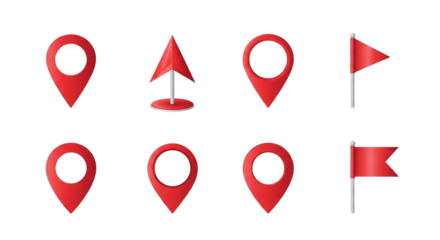 Find your destination with these vibrant red location pin markers and flags, perfect for maps, apps, and presentations about travel, business, or navigation services