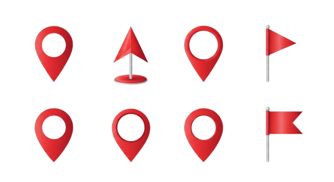 Find your destination with these vibrant red location pin markers and flags, perfect for maps, apps, and presentations about travel, business, or navigation services