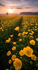 Fototapeta premium Golden Meadow - A Serene Sunset Over a Field of Buttercups.