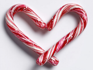 Stark white background, red heart-shaped candy canes, vibrant color, glossy texture, soft shadows, overhead light source, angle view, simple, elegant style - AI-Generated
