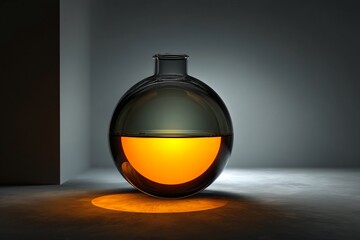 Glowing orange liquid in a spherical glass flask, minimalist dark studio shot.