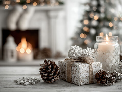 Indoor festive scene around a fireplace during the holiday season Cozy atmosphere with warm lighting Christmas decorations on white mantel, wrapped gift box, glass jar, pine cones, be - AI-Generated - Powered by Adobe