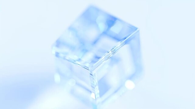 Transparent glass cube slowly rotating on white background close-up animated object in minimal scene crystal-like geometric shape showing reflections and refractions smooth slow motion isolated