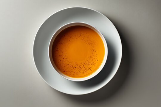 Aromatic orange soup in a white bowl served on a plate, a minimalist food photography concept.