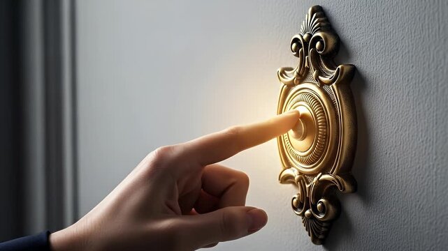 Close-up of a human finger pressing a decorative golden doorbell on a textured gray wall illuminated by warm ambient light creating a welcoming glow. The ornate bell features intricate scrollwork and