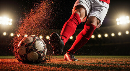 Soccer player kicking ball with dust explosion under stadium lights