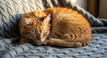 Ginger cat curled up asleep on a gray blanket.