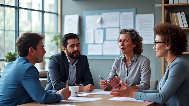Diverse team collaborating during a business meeting, brainstorming ideas and discussing strategy