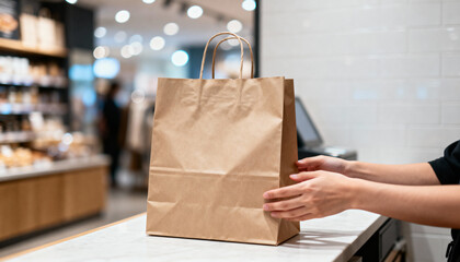 Unbranded kraft paper bag placed on a modern retail counter under soft lighting, symbolizing sustainable packaging, minimal design, and the contemporary eco-friendly spirit of ethical commerce.