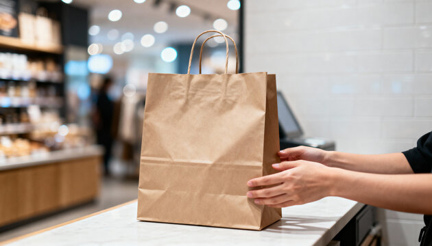 Unbranded kraft paper bag placed on a modern retail counter under soft lighting, symbolizing sustainable packaging, minimal design, and the contemporary eco-friendly spirit of ethical commerce.