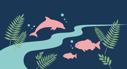 Illustration of pink dolphins swimming in a blue river with fish  