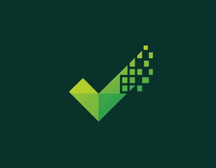 A sleek green check mark logo combined with digital pixels conveys success, approval, and modernity, making it ideal for tech companies and businesses focused on achievement.