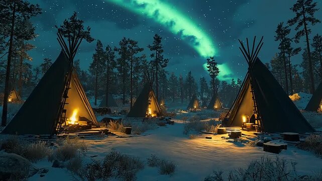 Campfires glow inside teepees under a vibrant aurora borealis sky.