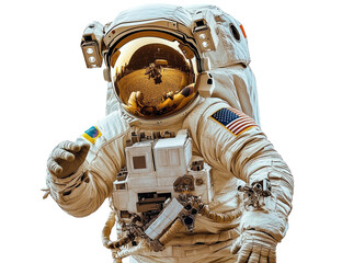 Astronaut in spacesuit with visor reflection, American flag patch visible
