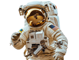 Astronaut in spacesuit with visor reflection, American flag patch visible