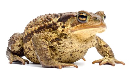 Obraz premium A detailed studio shot of a plump toad against a pure white background. The amphibian displays textured skin with varying shades of brown and tan