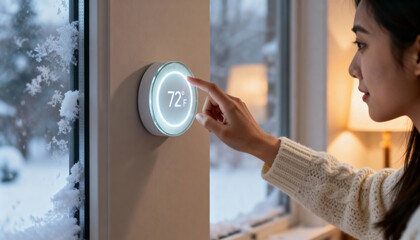 Woman adjusts a smart thermostat to 72°f inside a cozy home, fingertip on the touchscreen while snowy winter landscape outside highlights energy-efficient comfort and smart living