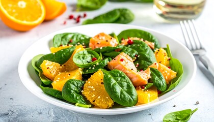 A fresh salad featuring salmon, orange segments, spinach, and sesame seeds, arranged on a white plate. The composition is complemented by a fork and olive oil